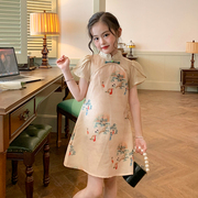 原创童装女童中国风，旗袍裙夏装儿童，新中式仿天丝花瓣袖连衣裙