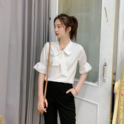 2020夏季韩版大码衬衫，蝴蝶结公主袖，百搭雪纺上衣系带衬衣女