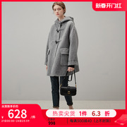 dfvc韩版毛呢外套，女2023牛角扣连帽，羊毛双面呢子大衣灰色风衣
