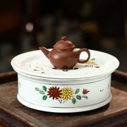 潮汕老式茶盘白釉粉彩菊兰茶船圆形家用中式储水茶池壶承陶瓷茶盘
