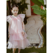 史豌豆(史豌豆)童装，女童裙子2024夏装，连衣裙儿童粉色百褶飞袖礼服纱裙