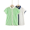 P1欧美外贸新潮蕾丝绿色缎面拼接镂空性感夏季短袖修身出彩女衬衫