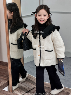 韩版时髦大衣2023秋冬女童，毛绒大翻领长款夹棉外套针织毛线喇叭裤