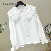 Casablank春季日系白色蕾丝花边娃娃领直筒雪纺长袖衬衫上衣