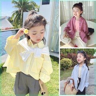 巴拉巴柆2024春装女童衬衫韩版洋气宝宝长袖小衫中长童格