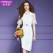 菲梦伊白色连衣裙，女夏季法式气质时尚，别致修身开叉包臀一步裙