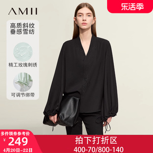 amii新中式女装上衣雪纺，衫衬衣2024灯笼，袖衬衫气质高级感小衫
