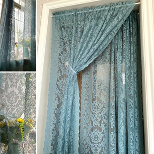 复古蓝色美式成品窗帘客厅，阳台飘窗地中海窗纱帘欧式蕾丝门帘