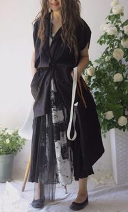 静好布衣原创设计水墨印花棉麻拼接撞色腰裙日式文艺自然主义风格