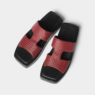welovesuperr原创设计红色编织绑带撞色工字厚底凉鞋拖鞋女夏季