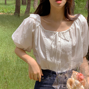 韩国chic夏季减龄温柔风甜美可爱花边拼接露锁骨短袖雪纺衬衫女