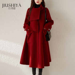 玖诗娅红色羊毛双面呢品牌新年围巾大衣长，款时尚零羊绒毛呢外套女