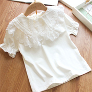 韩版女童泡泡袖t恤22夏季纯棉蕾丝翻领，打底衫吸汗体恤上衣100-150