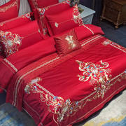 刺绣全棉贡缎四件六件十欧式结婚床上用品婚庆102床盖大红色件套0