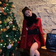 韩版领毛呢大衣气质年战袍，带毛短款冬季斗篷外套女新红色披肩