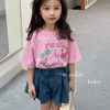 韩版儿童上衣24夏装，女童圆领纯棉短袖，t恤粉紫色印花打底衫