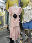 韩版夏季十三行显白气质小清新净色短袖棉麻连衣裙+围裙小众套装