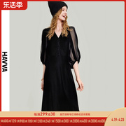 HAVVA2024春季黑色丝绒连衣裙女中长款设计感法式裙子Q9524