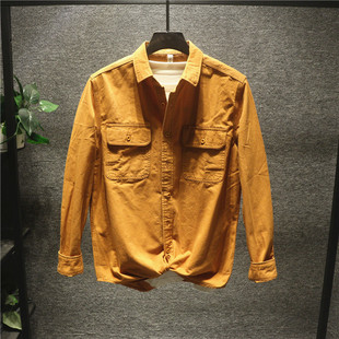 himan复古工装风衬衫，韩国双口袋纯棉文艺，土黄色衬衣长袖外套男士