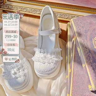 pinkyo原创白色蕾丝蝴蝶结高跟鞋，女2024春夏松糕，厚底玛丽珍单鞋