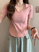 伊芙丽polo领粉色正肩短袖t恤女2024夏季修身小个子短款甜辣