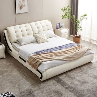 真皮床现代简约主卧双人床1.8米榻榻米小户型实木软包床