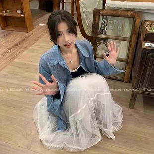 2025YAYA韩国代购春季新款设计感翻领拼接蕾丝长袖牛仔衫