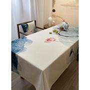 桌布水墨画荷花新中式日式桌布加厚棉麻，椅垫书桌布棉麻长方形家用