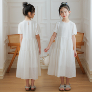 女童夏季连衣裙韩版中大童白色，公主裙女孩时尚，泡泡袖洋气仙女裙子