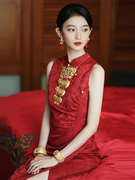 红色无袖旗袍高级感中国风改良订婚礼服裙2023敬酒服新娘日常
