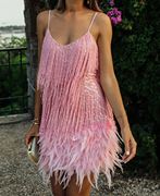 欧美时尚流苏亮片羽毛拼接礼服粉色吊带连衣裙，pinktasseldress