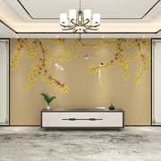 新中式银杏叶花鸟暖色壁纸，电视沙发背景墙纸，客厅影视墙布装饰