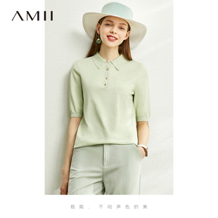 amii2023秋马卡龙色系，法式气质针织衫女polo领中袖上衣