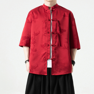 新中式男装中国风唐装，男款冰丝盘扣衬衫夏季薄款短袖衬衣改良汉服