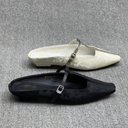欧洲站女鞋2024夏季欧货真皮，一字带真丝布，粗跟鱼嘴低跟拖鞋女