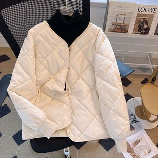 韩版羽绒棉服女短款2023秋冬圆领菱形小个子，减龄轻薄棉袄外套