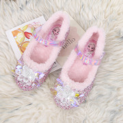 女童公主鞋冬季爱莎水晶鞋加绒单鞋粉色软底鞋子小女孩平底鞋