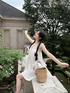 lxlilium初恋白茶超舒适面料，白色蝴蝶结蕾丝吊带，连衣裙女夏季