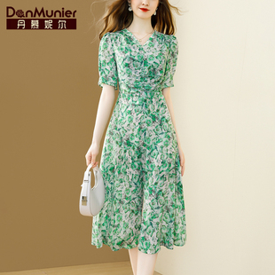 丹慕妮尔绿色印花雪纺连衣裙，女夏季v领气质高腰中长裙子