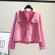 玫粉色拼接短款长袖磨毛棉厚衬衫，女2023秋韩范设计(范设计)感甜美外套