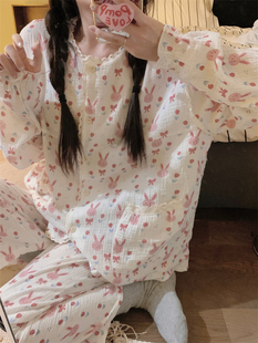韩版可爱兔子睡衣女款春秋季纯棉，纱布卡通少女长袖长裤家居服