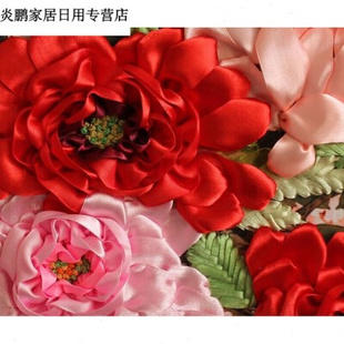 丝带绣客厅挂画幅，花开富孔雀牡图3d印花立体非十字小版170x75