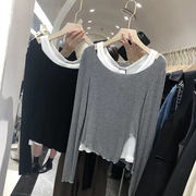 长袖t恤女2021春秋，韩国东大门女装英伦ins潮假两件打底衫上衣