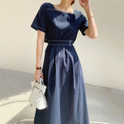 韩国chic夏季复古小众方领明线设计露背后排扣短袖连衣裙长裙女