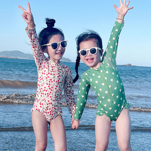 女童速干长袖泳衣夏季韩国童装小女孩宝宝洋气，碎花连体游泳装