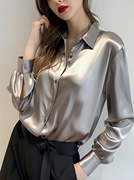 高级灰色醋酸缎面衬衫女2024大码法式衬衣设计感丝绸长袖上衣