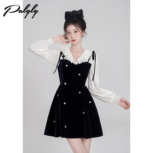 黑色赫本风荷叶领长袖高腰连衣裙女冬季韩系甜美假两件设计裙