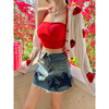 地球店草莓刺绣减龄开衫红色套装女夏季甜辣吊带开衫两件套装