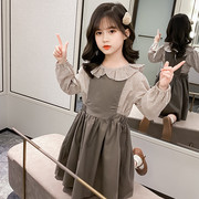 韩国女童装娃娃领格子背带裙春秋季长袖套装中大童连衣裙子两件套