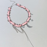 朋克文化粉色皮革金属五角星月亮，多层链条流苏短款颈链锁骨链项链